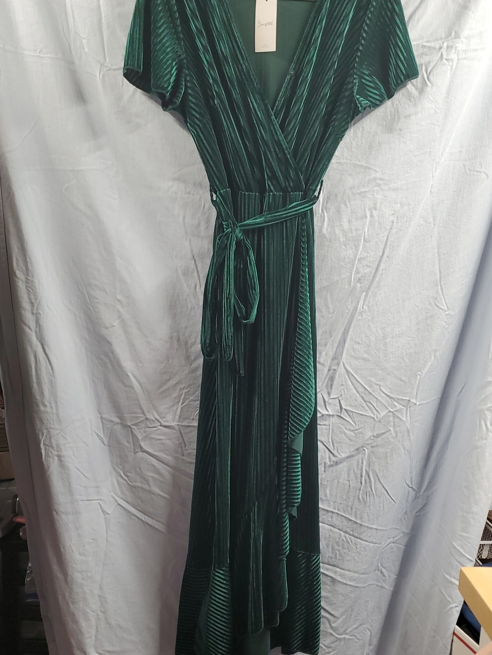 Simplee Apparel Emerald Green Pleated Velvet Wrap Maxi Dress